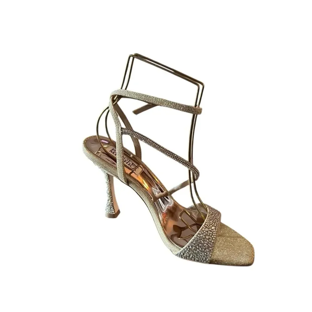 Badgley Mischka Sally Curvy Heel Stiletto Sandal Gemstone Plantino Gold NEW 10